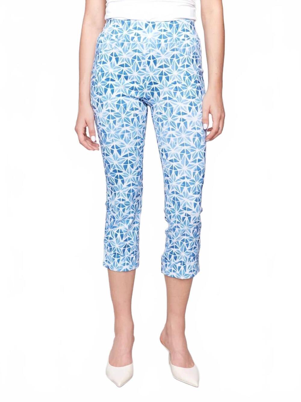 NEW CHARLIE B printed stretch pull on capri pant in stars,royal,white